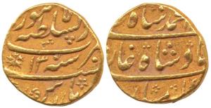 Muhammad Shah, Gold Mohur, 10.93g, Dar us-Sultanate Lahore Mint, near complete mint name, 