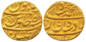 Muhammad Shah, Gold Mohur, 11.01g, Multan Mint, AH 113X/5, complete mint name at bottom. A