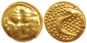 Haider Ali, Gold Pagoda, 3.44g, Shiva and Parvati seated on obv, rev. Persian letter He in