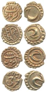 Tipu Sultan, Gold Fanam (4), Farrukhi, Nagar, Kalikut and Patan Mints, all with complete m