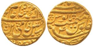 Najibabad Mint, Gold Mohur, in the name of Shah Alam II, RY 4, mint name at top on rev. Ve