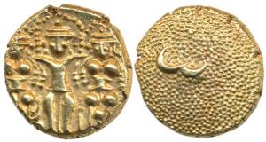 Gold 3 Swami Pagoda, 3.40g, Lord Balaji standing with his wives, Bhudevi and Shridevi on e