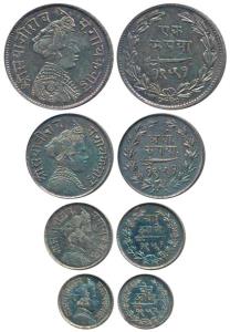 Sayaji Rao III, Silver set of 4 Rupee, 1/2, ¼ (4 Annas) and 1/8 (2 Annas), Small flan, all