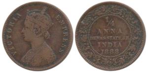Copper ¼ Anna, 6.13g, with the name of Victoria Empress, 1888, (KM 13). Very Fine, Scarce.
