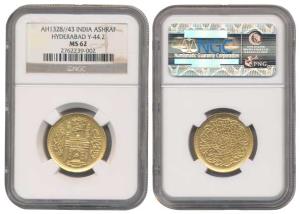Mir Usman Ali Khan, Gold Ashrafi, Mim in doorway of Charminar on obv., AH 1328/43 (KM 44.2