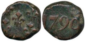 Pondicherry Mint, Mahe issue, Copper Biche, 6.39g, fleur de lis on obv., date 1790 on rev.