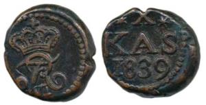 Tranquebar, Fredrick VI, Copper 10 Cash, 6.24g, 1839, crowned FR Monogram with VI between 