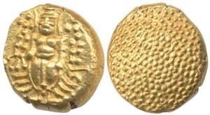 Negapatnam Gold Pagoda, 3.42g, Lazy J with Lord Vishnu standing, facing front on obv., gra