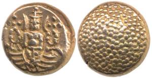 Negapatnam Gold Pagoda, 3.38g, Lazy J with Lord Vishnu standing, facing front on obv., gra