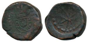 Copper 2 Bazarucos, 10g, crowned arms on obv., 3 crossed arrows on rev., struck at Cochim 
