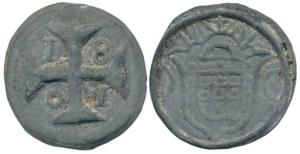 Diu, Lead 20 Bazarucos, 16.88g, 1801 AD, date at an angle within cross (KM 47). About Unci