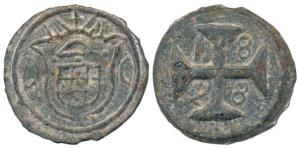 Diu, Lead 20 Bazarucos, 19.26g, 1828 AD, date at an angle within cross. Extremely Fine, Ve