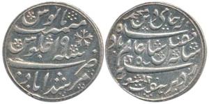 Murshidabad Mint, Silver ½ Rupee in the name of Shah Alam II, frozen RY 19, oblique millin