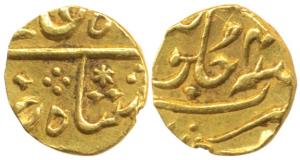 Gold 1/15 Mohur or Rupee, 0.76g, struck at the Bombay Mint, (circa 1803-24 AD), in the nam