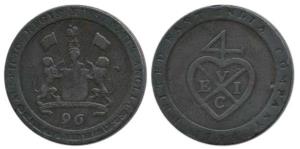 Copper ½ Dub or 1/96 Rupee, 7.03g, 1794, coat of arms of the EIC on obv. bale mark on rev.