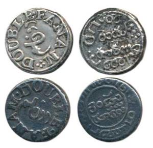 Silver Double Fanam (2), 1st issue, 1807, plain edge, 2 different reverses. Very Fine and 