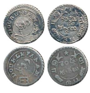 Silver Double or 2 Fanams (2), 2nd issue, 1808, 2 different types, oblique milling, buckle