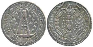 Silver ½ Pagoda, 20.84g, 2nd issue, 1808, value in English and Persian on ribbon around Go