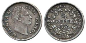 William IV, Silver ¼ Rupee, 2.85g, 1835, Calcutta Mint, ’F’ incuse, 19 Berries (Prid 89). 
