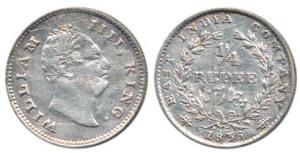 William IV, Silver ¼ Rupee, 1835, RS incuse, small date numerals without dot after date, 2
