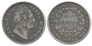 William IV, Silver ½ Rupee, Dug out ’F’ incuse, 19 Berries. Very Fine+, Rare.