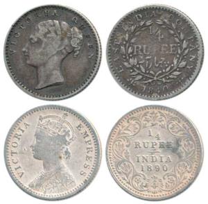 Victoria Queen and Empress, Silver ¼ Rupee, 1840, continuous legend; 1890, B incused. Abou