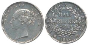 Victoria Queen, Silver ½ Rupee, 1840, continuous legend, no mint mark, rev. 19 Berries. Ve