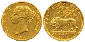 Victoria Queen, Gold Mohur, 1841, divided legend, WW incused on truncation (KM 462.1). Ver