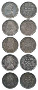 Victoria Queen and Empress, Silver 2 Annas, 1862 (2), 1886, 1890, 1897. Very Fine to Extre