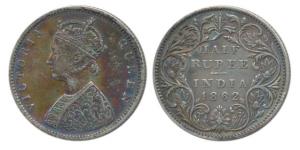 Victoria Queen, Silver ½ Rupee, 1862, C/II. Nice rainbow toning, Very Fine+.