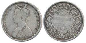 Victoria Queen, Silver ½ Rupee, 1862, B / II. About Very Fine.