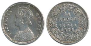 Victoria Queen, Silver ¼ Rupee, 1874, Calcutta Mint, A / I, slight die rotation. Very Fine