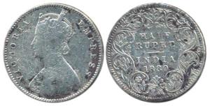 Victoria Empress, Silver ½ Rupee, 1880, A / I / ’C’ incuse. Fine, Extremely Rare date.