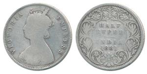 Victoria Empress, Silver ½ Rupee, 1881, Calcutta Mint, A / I ’C’ incused. Fine, Rare.