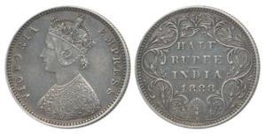 Victoria Empress, Silver ½ Rupee, 1888, A / II / ’B’ raised. Very Fine+, Scarce.