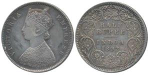 Victoria Empress, Silver ½ Rupee, 1892, A / I / ’C’ incuse. Very Fine+, Scarce.