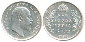 Edward VII, Silver 2 Annas, 1907, Calcutta Mint. Uncirculated, Scarce.