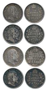 Edward VII, Silver ¼ Rupee, 1903 and 1904; Silver 2 Annas, 1906 and 1910 Calcutta Mint. Ve