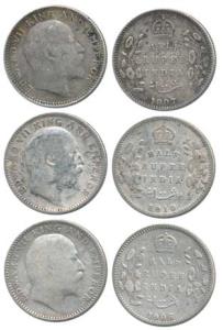 Edward VII, Silver ½ Rupee (3), 1906, 1907 and 1910. Fine+, Scarce. (3)