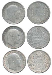 Edward VII, Silver ½ Rupee (3), 1906, 1907 and 1910. Fine+, Scarce. (3)