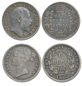 Edward VII and Victoria Queen, Silver ½ Rupee, 1910, Calcutta Mint; ¼ Rupee, 1840, divided