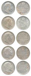 Edward VII, Silver Rupee (5), 1903, 1904, 1905, 1906 and 1907, Bombay Mint. Very Fine to E