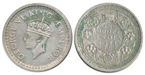George VI, Silver Rupee, 1944, Bombay Mint, 45 degree die rotated. Very Fine+.