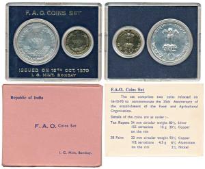 1970 Uncirculated Set, Food For All, set of 2, 20 Paise and Rupees 10. In immaculate condi