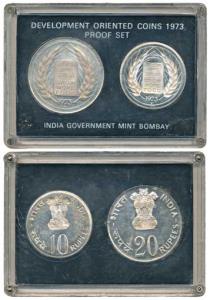 1973 Proof Set, Grow More Food, set of 2, Rupees 10 and 20. In plastic casing but without 