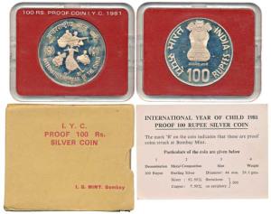 Silver Rupees 100, 1981, International Year of the Child, Bombay Mint. Proof, within origi