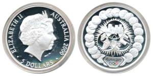 Australia, Elizabeth II, Silver $5, 31.6g, Sydney Olympics 2000, logo of the games at bott