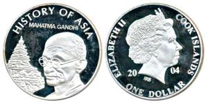 Cook Island, Mahatma Gandhi, Proof Silver Dollar, 24.06g, 2004. Brilliant Uncirculated.