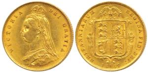 Great Britain, Victoria, Gold ½ Sovereign, 4g, shield on rev. 1887. Extremely Fine, Very R