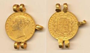 Great Britain, Victoria, Shield Sovereign, 10g, Shield on rev., 1846, with 5 hooks. Very F